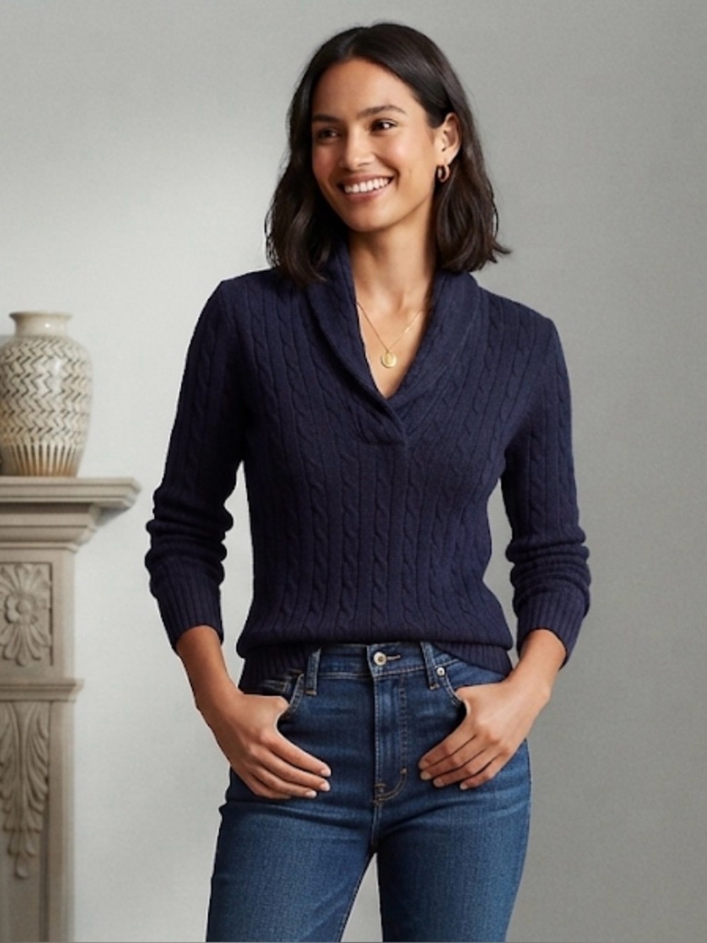 Lauren Ralph Lauren 100% Cashmere Navy Blue Cable Knit Shawl Collar Sweater SzS